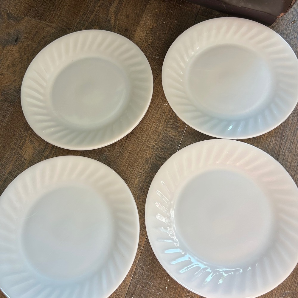 Vintage Fire-King Ivory Swirl Milk Glass 9 Inch Dinner Plates Set of 4 USA MCM